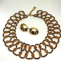 Vintage Hand Beaded Collar Necklace and Clip Earrings, Amber/Gold - £11.28 GBP