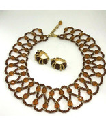 Vintage Hand Beaded Collar Necklace and Clip Earrings, Amber/Gold - £11.21 GBP