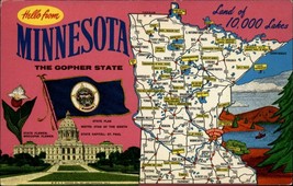 Hello from Minnesota map flag capitol 1950s 60s vintage postcard Un Posted D24 - $3.52