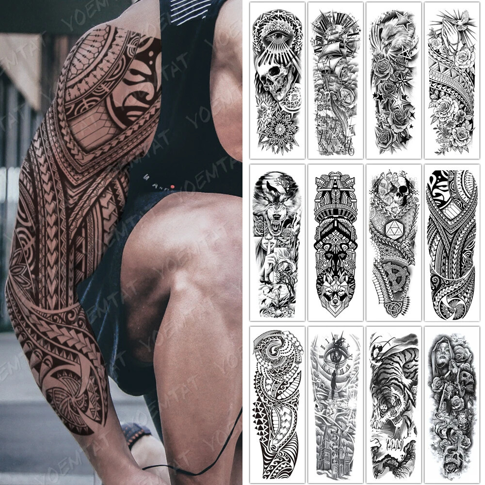 Large Tribal Sleeve Tempory Fake Tattoo Sticker Skull Wolf Tiger Bird Totem - $19.99