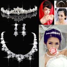 Crystal Necklace Earrings, Flower Crown Headband Veil Tiara Wedding Jewelry Set - £14.38 GBP