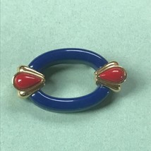 Vintage Bright Blue Plastic Oval w Goldtone &amp; Red Teardrops Ends Pin Brooch –  - £11.97 GBP