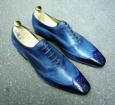 Handmade Men&#39;s Leather Oxfords Two Tone Blue Burnished Toe Wing Tip Shoes Dress - £119.46 GBP+