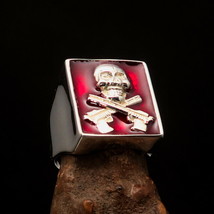 Excellent Hitman Ring red Jolly Roger Skull crossed Auto Guns - Sterling Silver - £68.15 GBP