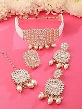 Gold Tone Kundan Multistrand Pearl Choker Necklace Earring Maangtika Jewelry Set - £24.42 GBP