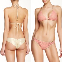 Luli Fama &#39;delicia&#39; Coral Crochet Sheer Front Gold Brazilian Bikini Bottom (Xs) - £35.31 GBP