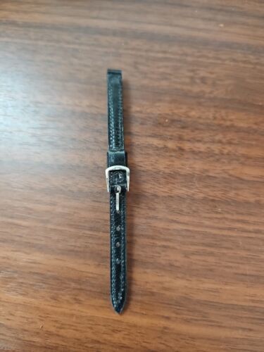 Primary image for vintage mid century 9 MM black leather watch strap silver buckle