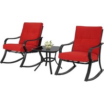 Outdoor 3-Piece Patio Furniture Rocking Chairs Table Set with Red Cushions - $356.49