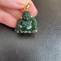 14K Solid Gold Buddhist Laughing Buddha Carved Nephrite Jade Pendant Necklace S - £238.30 GBP+