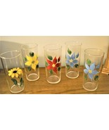 VINTAGE FEDERAL GLASSWARE -  (5) FLORAL HANDPAINTED  16 OZ  GLASSES - $21.80