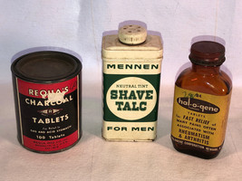 3 Advertising  Containers Meenan Shave Talc Hal o Gene Tablets Requas Ch... - $14.99