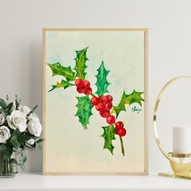 Original Watercolor Painting Of December Birth Month Flower, A Red Holly... - $45.54