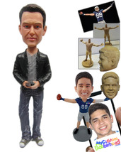 Personalized Bobblehead Handsome Alpha Male In Jacket Holding Mobile In Hand - L - $91.00