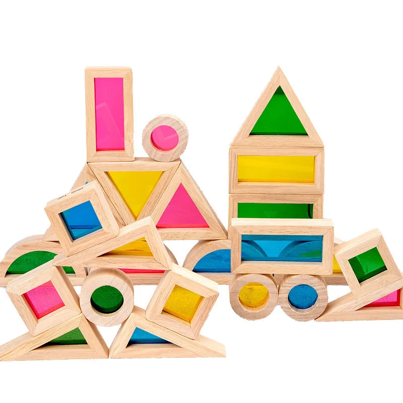 24Pcs Wooden Rainbow Blocks Building Stackers Light Transmission Acrylic Wood - £42.04 GBP+