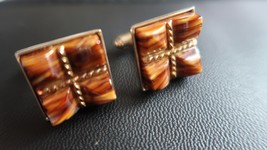 Vintage Gold Tone Hickok Amber Swirl Cufflinks - £18.69 GBP