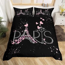 Paris Comforter Cover Set Queen Size Eiffel Tower Bedding Set Kids Girls Black A - £55.35 GBP