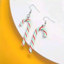 Red Green &amp; White Candy Cane 3D Earrings Christmas Candy Dangle Jewelry  - £5.37 GBP