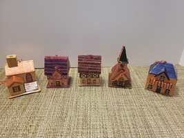 Lot of 5 Vintage Hand Painted Balsa Wood Christmas Village House Ornaments - $20.52