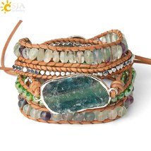 Natural Stone Bracelets Green Fluorite Crystal Aventurine Bead Leather Wrap Brac - £26.56 GBP