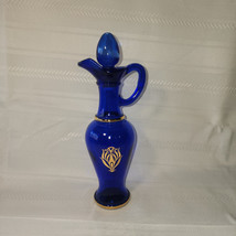 Avon Cobalt Blue Glass Pitcher Genie Bottle Cruet 9&quot; Vtg 70s Etched Gold Empty - $12.86