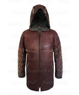 New Men&#39;s Handmade Brown Golden Spiked Studded Hoodie Waxed Leather Coat... - $469.99
