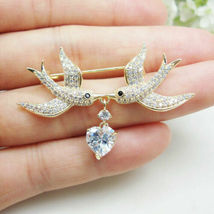5 Ct Elegant Swallow Love Teardrop Simulated Brooch 925 Silver Gold Plated - £126.26 GBP