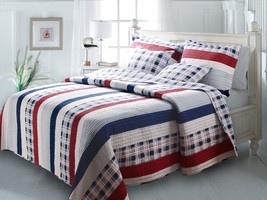  Red White And Blue Nautical Stripe  Cotton Reversible Bedspread  Quilt ... - €109,36 EUR