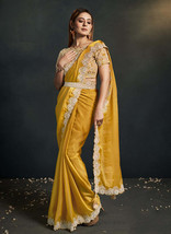 Beautiful Yellow Sequence And Appliqu Embroidery Wedding Saree - £91.81 GBP