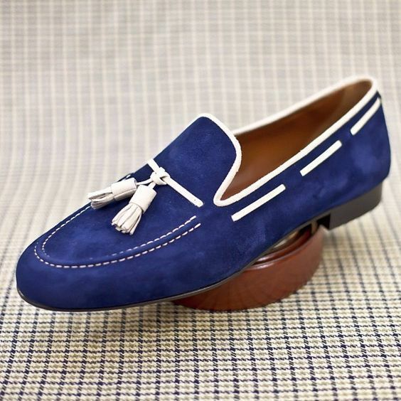 Navy Loafers Men Fabric Leather Slip On main image 0