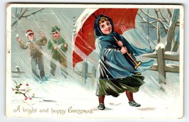 Christmas Postcard Girl Umbrella Snow Storm Winds Snowballs 1907 Tuck Series 102 - £15.91 GBP