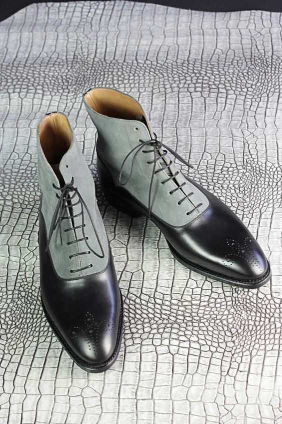 Men's High Ankle Gray Suede Medallion Toe Black Genuine Leather Boots US 7-16