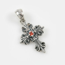 Floral Cross Sterling Silver Gothic Design Pendant w/Red Garnet GI™Brand Stamped - £68.20 GBP