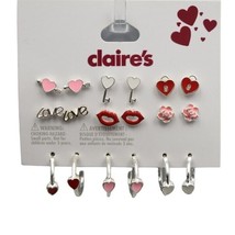 Claires Valentine Earrings Set of 9 Hearts Lips Key Lock Roses Love Stud Hoops - £12.77 GBP