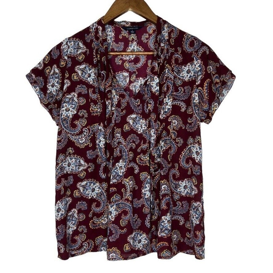 Lands End Maroon Paisley Print Pleated Front Short Sleeve Top Size 2 Wom... - $15.00