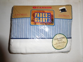 NEW Vintage CANNON blue striped print TWIN SHEET Set BLUE USA MADE NOS - £20.40 GBP