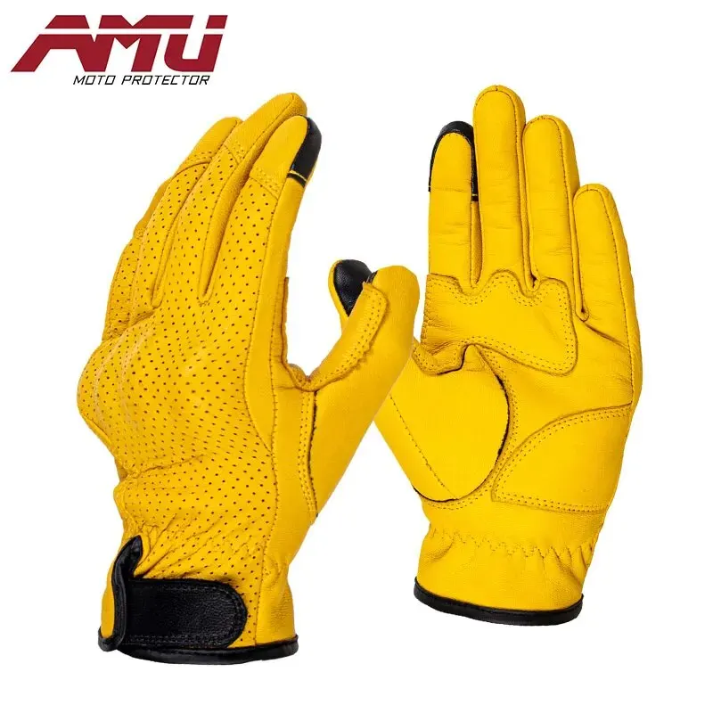 AMU Motorcycle Vintage Leather Men Women Protective Cycling Gloves Touchscreen - £26.69 GBP+