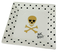 2 Betsey Johnson Skull &amp; Crossbones Square Plates Gold Black Polka Dot Pair XOX - £37.00 GBP