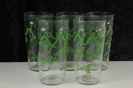 Vintage Kitchen Glass Green ACL Leaf Pattern Jelly Jar Tumbler Glasses Lot 5 - $24.66