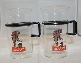 Vintage Bodum 2 Tall Glass Hot Iced Coffee Tea Mug Cup Set Monkey Black ... - $50.65