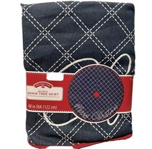 Merry Christmas Holiday Tree Skirt Time 48” Denim Blue Top Stitch Red Trim - $18.92