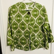 Chicos Green Ikat Print Linen Blazer Jacket One Button Front Pockets Size 2 L - £18.18 GBP