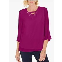 JM Collection Womens Large Ripe Raspberry Pink Lace Up Neck Blouse Top  ... - £21.84 GBP