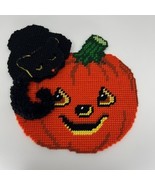 Vintage 1991 Pumpkin Jack O Lantern Black Cat Halloween Hanging Needlepoint - $28.06 CAD