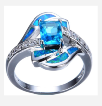 Silver Blue Gemstone Glitter Ring Size 4 5 6 - £32.14 GBP