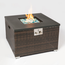 Outdoor Gas Fire Pit Square Dark Brown Wicker Fire Pit Table - £337.02 GBP