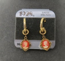 1928 Cameo Style Hoop Earrings Pierced Post Gold Tone Woman&#39;s Face Dangle Drop - £7.98 GBP