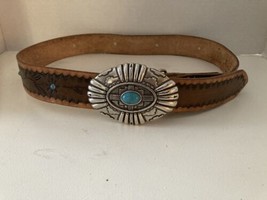 IVAN METAL Silvertone Metal Faux Turquoise Belt Buckle Leather Belt Measures 37&quot; - £18.01 GBP