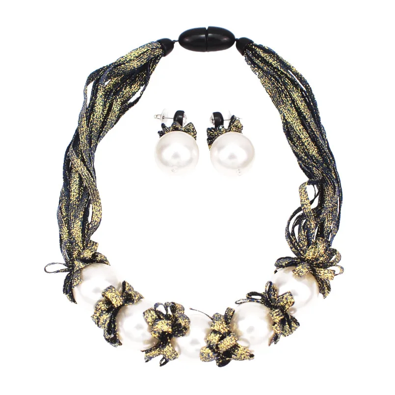 Big Imitation Pearl Necklace Set For Women Fashion Colorful Ribbon Statement Nec - £21.68 GBP