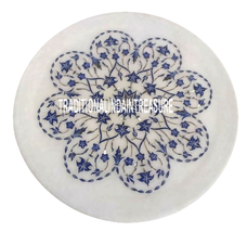 9&quot; White Marble Round Plate Rare Mosaic Lapis Lazuli Inlay Fine Art Decor Gifts - £228.04 GBP