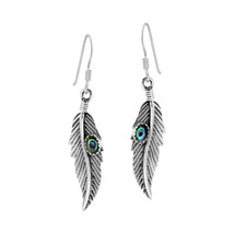 Delicate Feather and Abalone Shell Inlay .925 Sterling Silver Dangle Earrings - £15.50 GBP